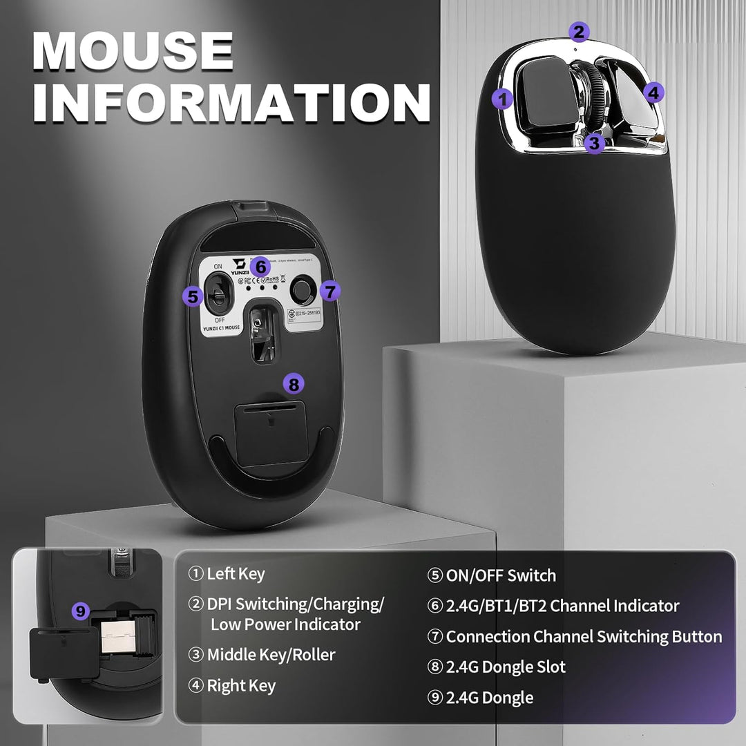YUNZII C1 Silikon-Funkmaus,Tri-Mode 2,4 GHz/USB-C/Bluetooth Maus, 4800 DPI Optisches Abtastung, 6 Ve