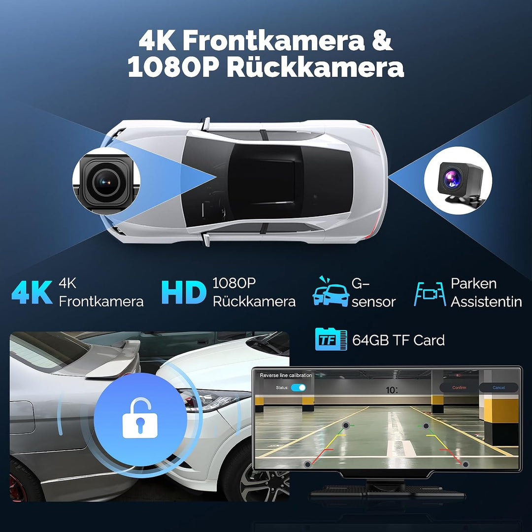 Alpinetech 11 Zoll Carplay Display &amp; Android Auto Display, Car Play mit 4K Dashcam 1080P Rückfahrkam