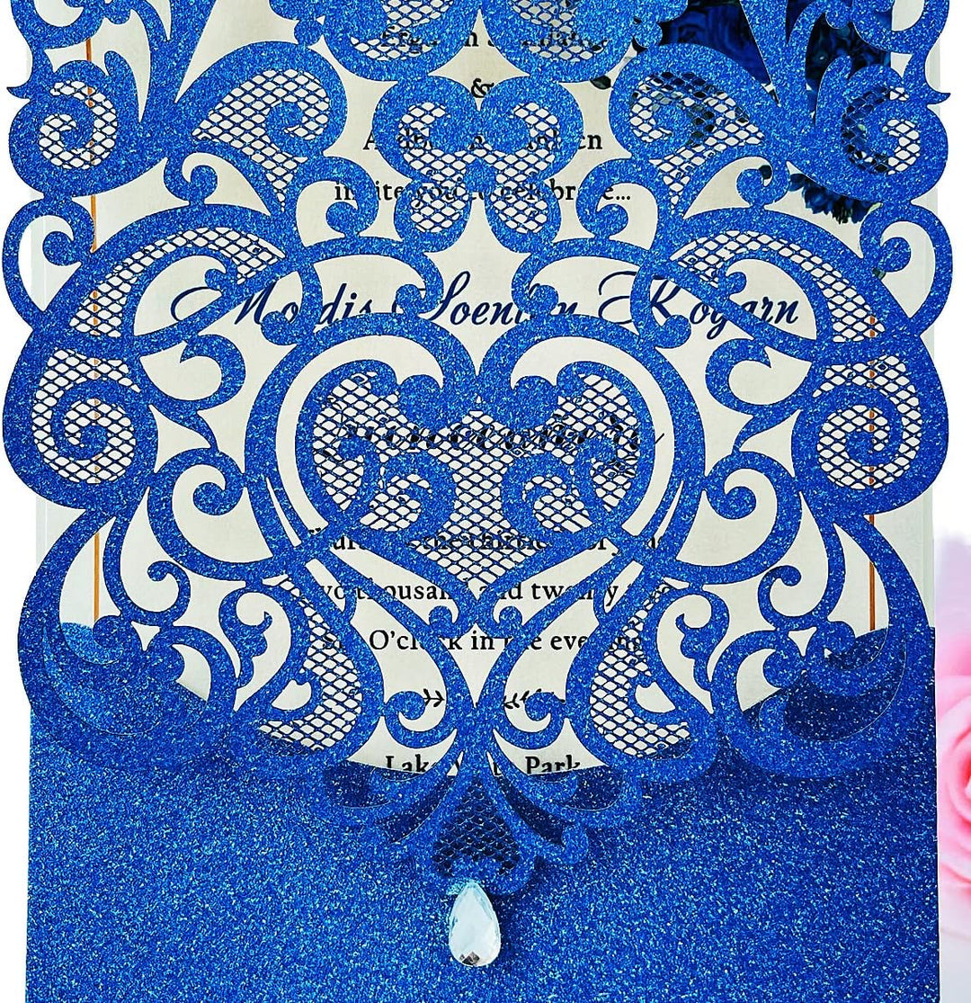 Hosmsua 20x Blau Glitzer Hochzeit EinladungsKarten Lasercut Rose Spitze Wasserdiamant Hochzeitseinla