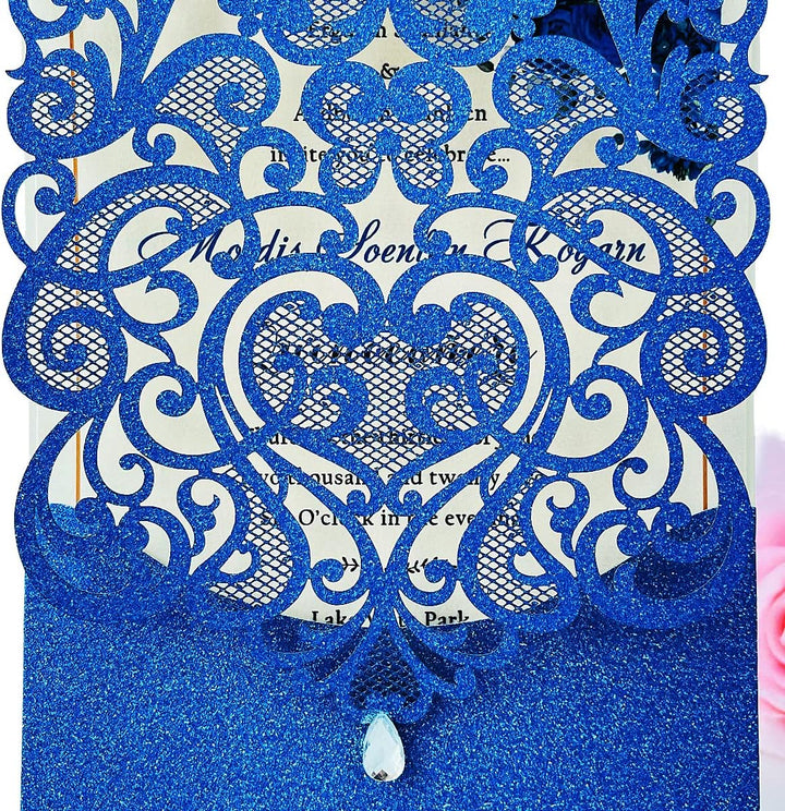 Hosmsua 20x Blau Glitzer Hochzeit EinladungsKarten Lasercut Rose Spitze Wasserdiamant Hochzeitseinla