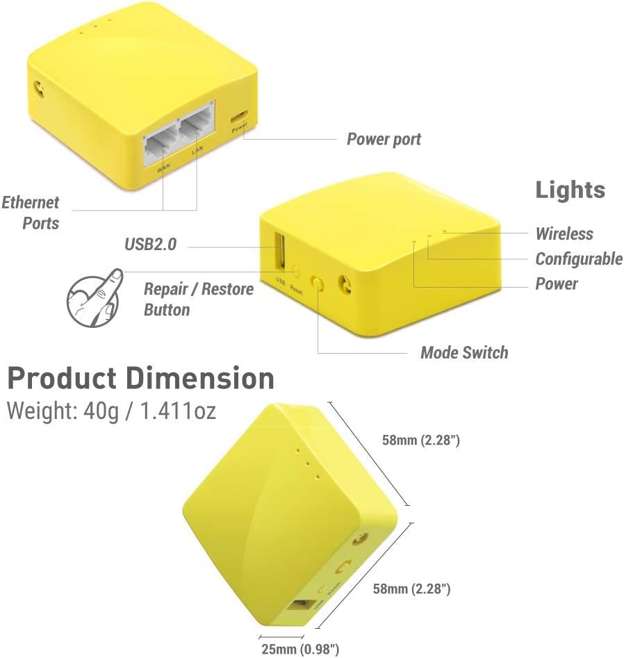 GL.iNet GL-MT300N-V2 WLAN Router Mobile Smart Mini Pocket VPN Reiserouter 3G/4G bis zu 300Mbit/s (2,