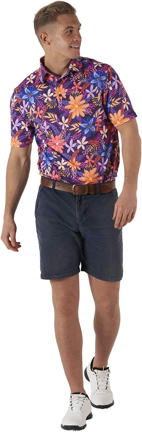 Royal & Awesome Herren Gemusterte Golf-Polo-Shirts Gemusterte Golf-Polo-Shirts M Blumen, M Blumen