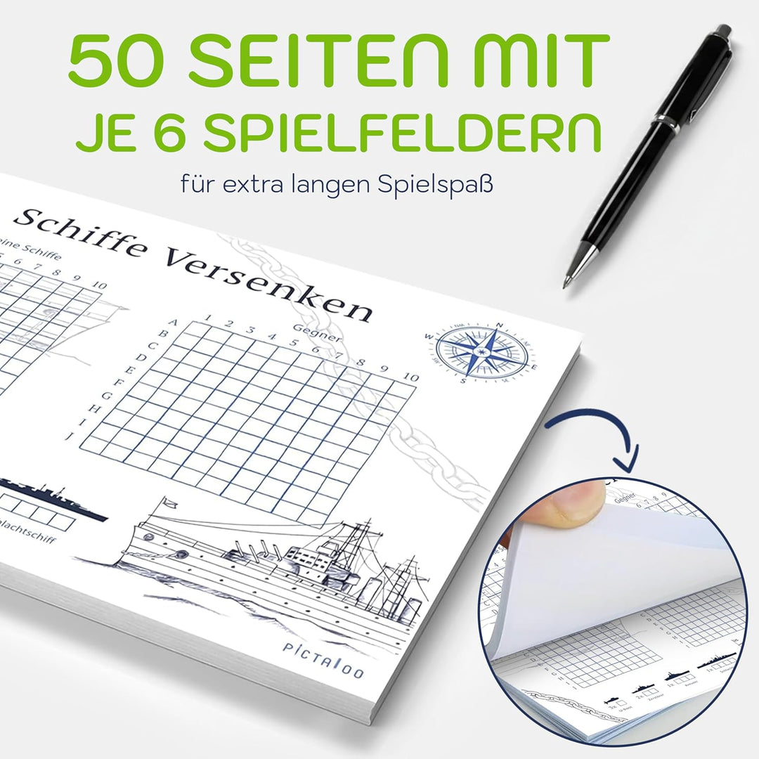 PICTALOO Schiffe Versenken Spielblock Set, Flottenmanöver mit 50 Blatt pro Block DIN A5, Reisespiel