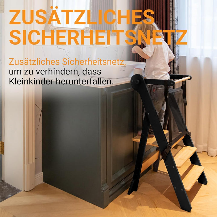 COSYLAND Lernturm ab 1 Jahr – Learning Tower 2-Fach höhenverstellbar &amp; klappbar – Lernstuhl in Schwa