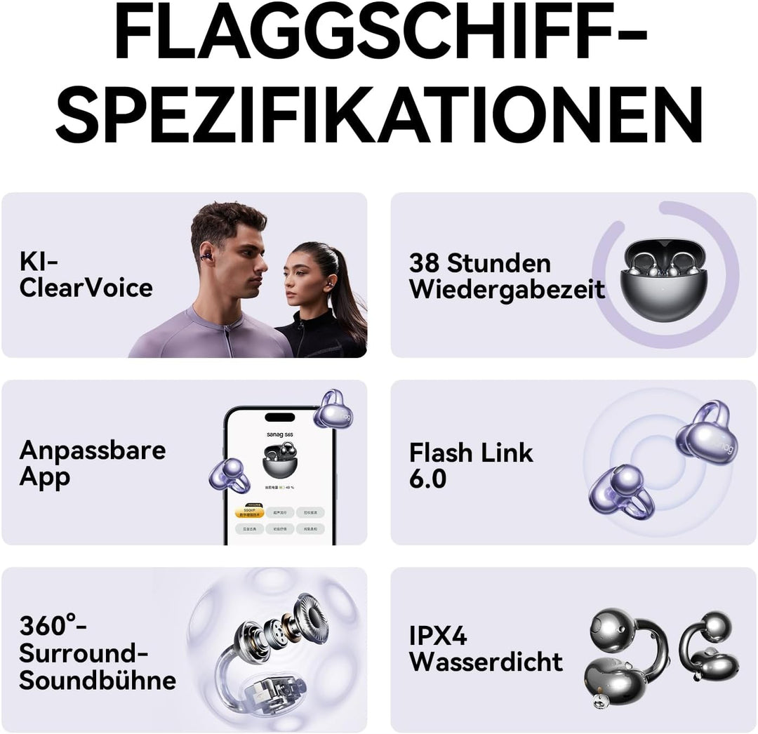SANAG S6S Open Ear Clip On Kopfhörer, Headphone Kabellos Bluetooth 5.3 mit Mikrofon, IPX4 Wasserdich