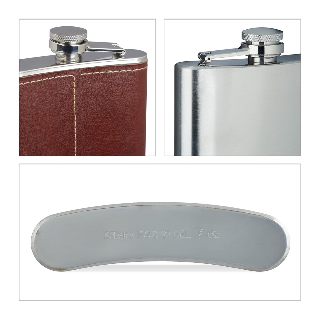 4x Flachmann 200 ml, 2 Taschenflaschen mit Kunstleder Hülle, 2 kleine Flachmänner aus Edelstahl, für