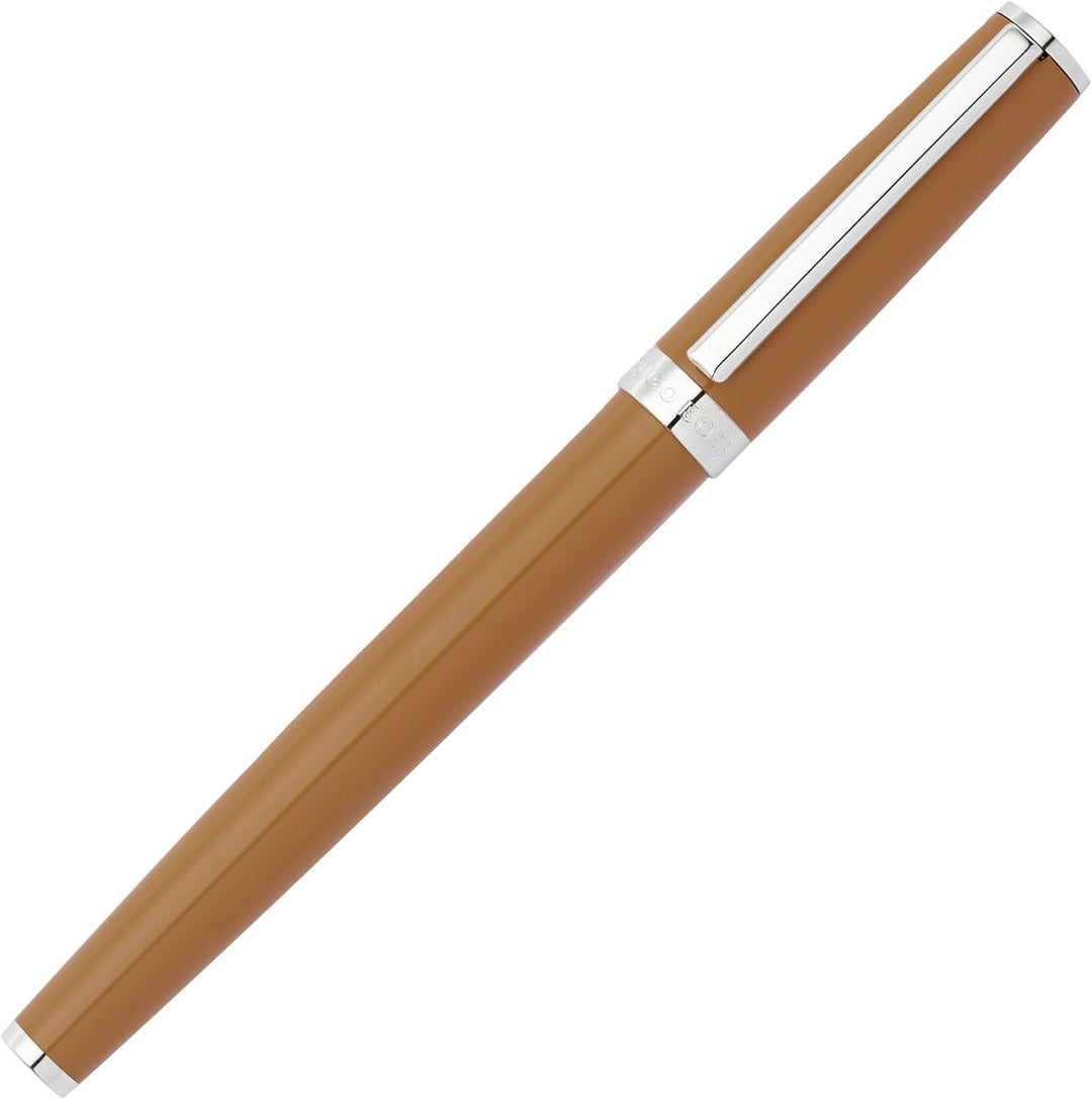 Hugo Boss Gear Icon Tintenroller aus Messing mit Chrome Beschichtung in der Farbe Camel, Masse: 13,8