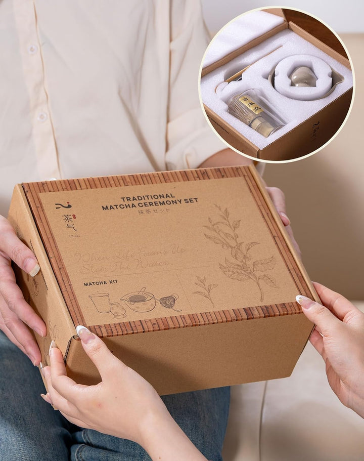 Matcha Set 6-teilig, Japanisches Matcha Schale mit Ausgiesser & Bambusbesen Kit, Inkl. Edelstahl Sie