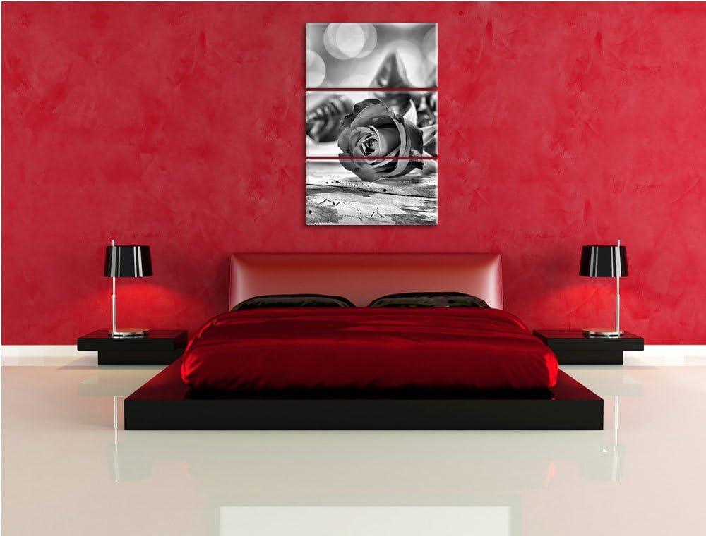 Pixxprint Rose auf Holztisch als Leinwandbild/Grösse: 3 Teilig (120x80) cm/Wandbild/Kunstdruck/ferti