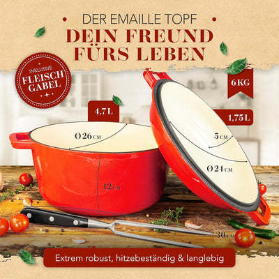 KRUSTENZAUBER Gusseisen Topf [inkl. Fleischgabel] - Hochwertiger 26cm Schmortopf backofengeeignet -