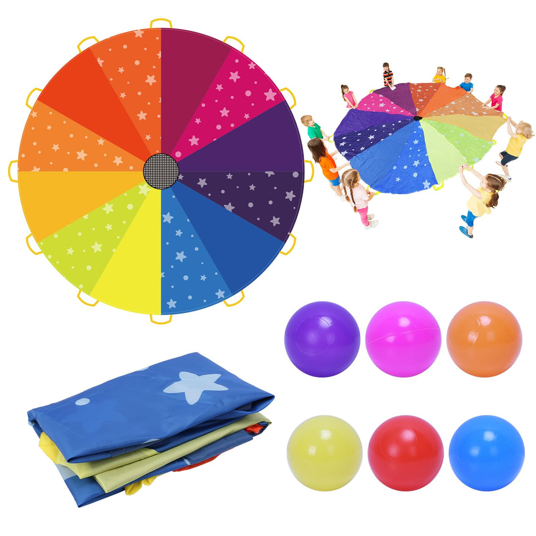 DKINY Regenbogen Schwungtuch Kinder 2.4m Bunt Fallschirm mit 12 Bällen und 12 Griffe Parachutes Spie