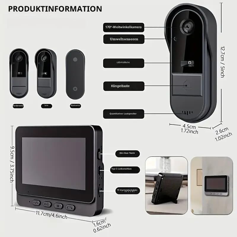 Video Türklingel mit Kamera, IP65 Wasserdicht Drahtlose Funk-Türklingel mit 4,3” Display Gegensprech