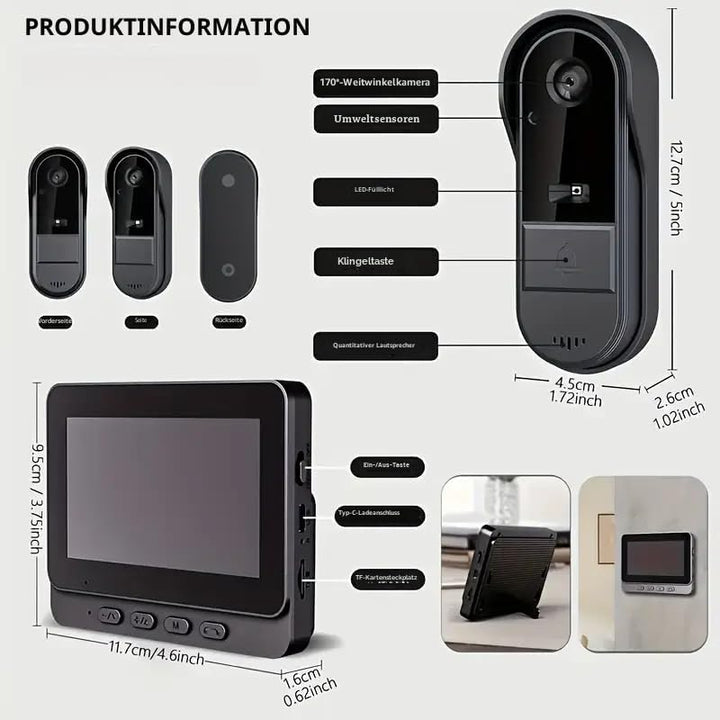 Video Türklingel mit Kamera, IP65 Wasserdicht Drahtlose Funk-Türklingel mit 4,3” Display Gegensprech