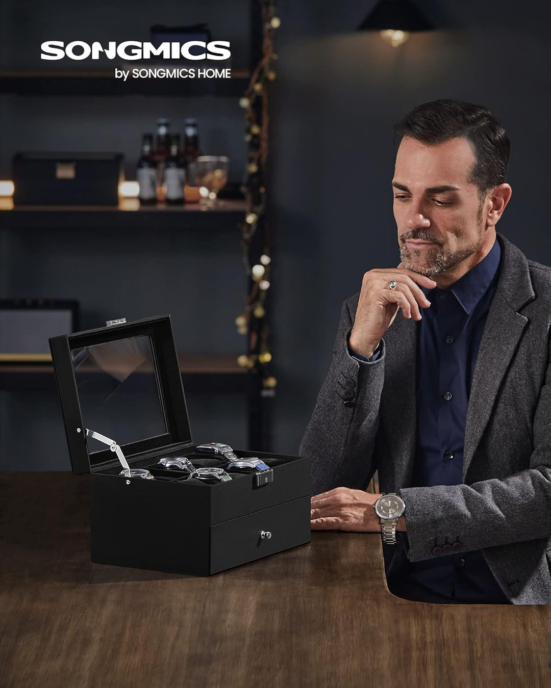 SONGMICS Uhrenbox, Uhrenkasten mit Glasdeckel, 2 Ebenen, Uhrenkoffer mit herausnehmbaren Uhrenkissen