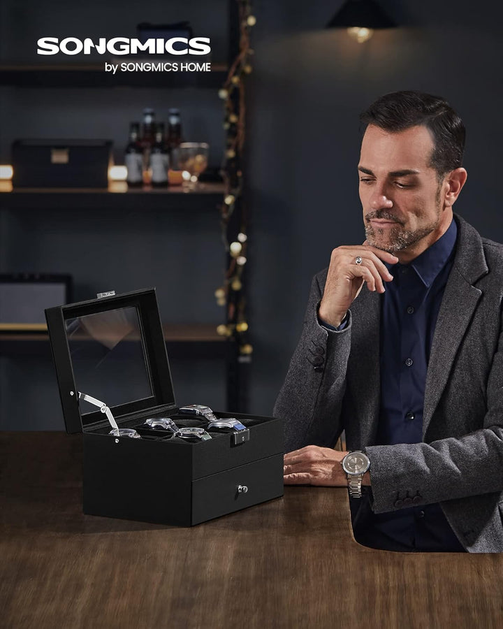 SONGMICS Uhrenbox, Uhrenkasten mit Glasdeckel, 2 Ebenen, Uhrenkoffer mit herausnehmbaren Uhrenkissen