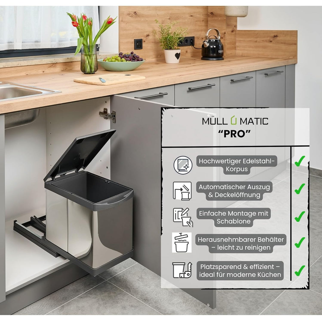 Ausziehbarer SMART Einbaumülleimer Edelstahl & Kunststoff, Abfalleimer, Mülleimer „Müllomatic PRO 2“