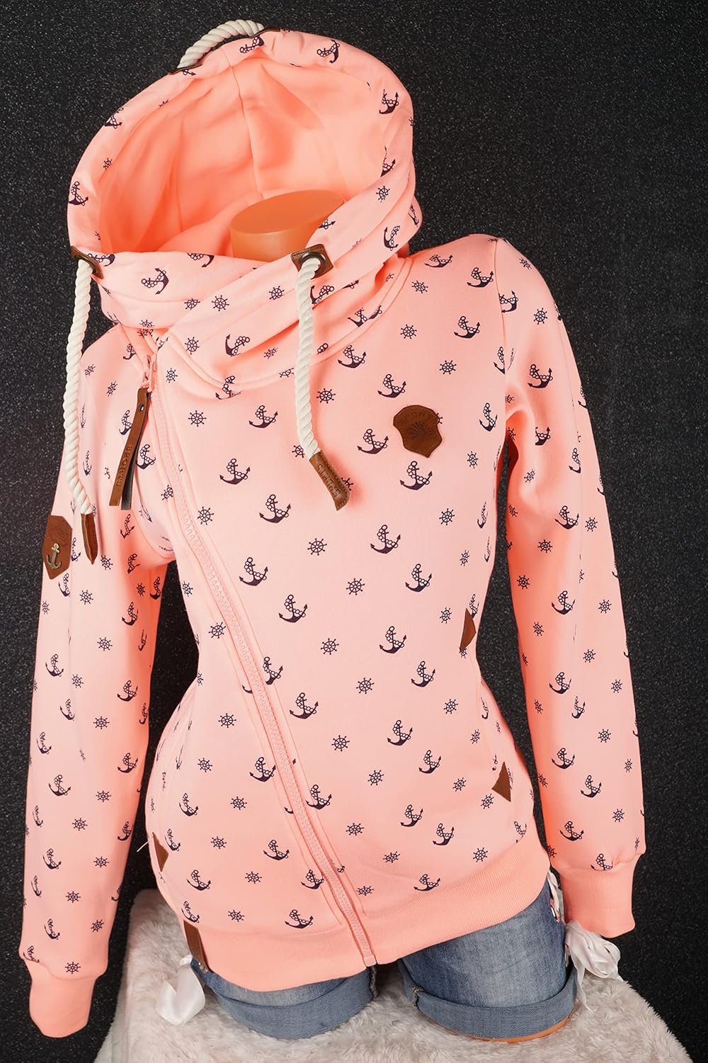 VIN TE Damen Sweat Jacke XXL Kapuze Hoodie Übergangsjacke Fleece gefüttert schräger Reissverschluss