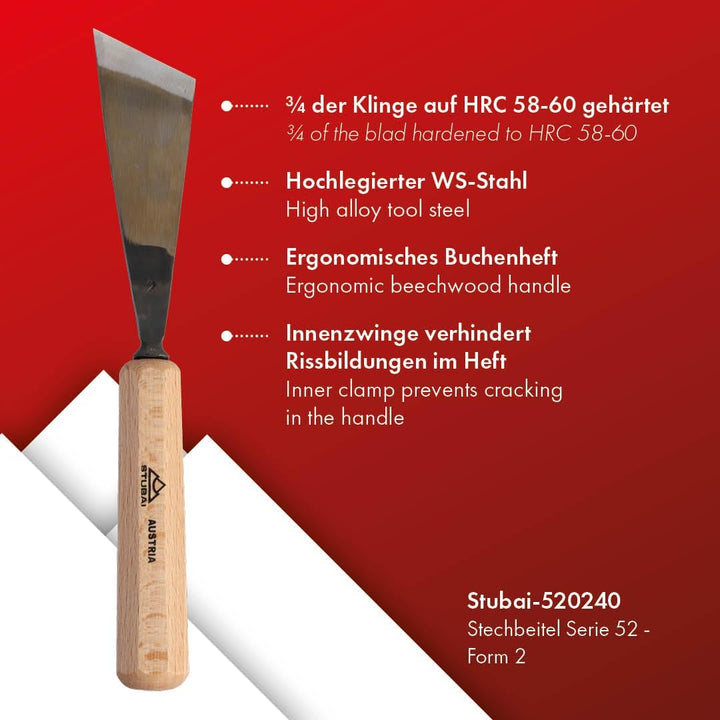 STUBAI Stemmeisen Stechbeitel Serie 52 - Form 2 | Gerades Balleisen, schräg - 40 mm, mit Holzgriff,