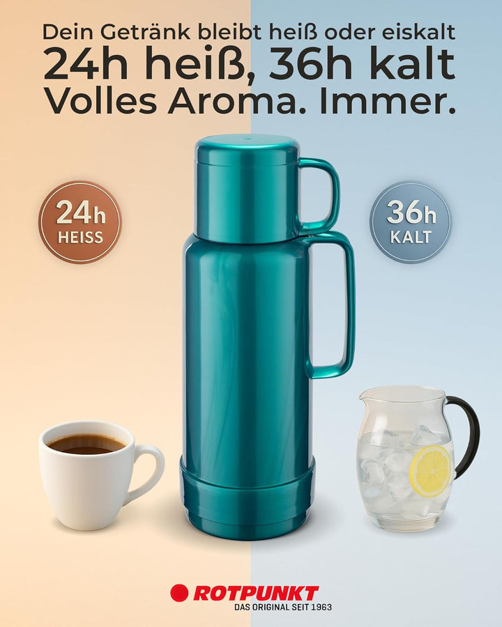 ROTPUNKT Isolierflasche 1 Liter mit integriertem Becher - Hochwertige Isolierkanne Made in Germany I