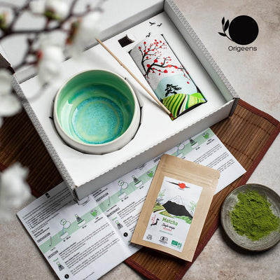 Origeens MATCHA TEE SET mit Matcha Besen, Matcha Schale aus Keramik, BIO Matcha Tee aus Japan | Hand