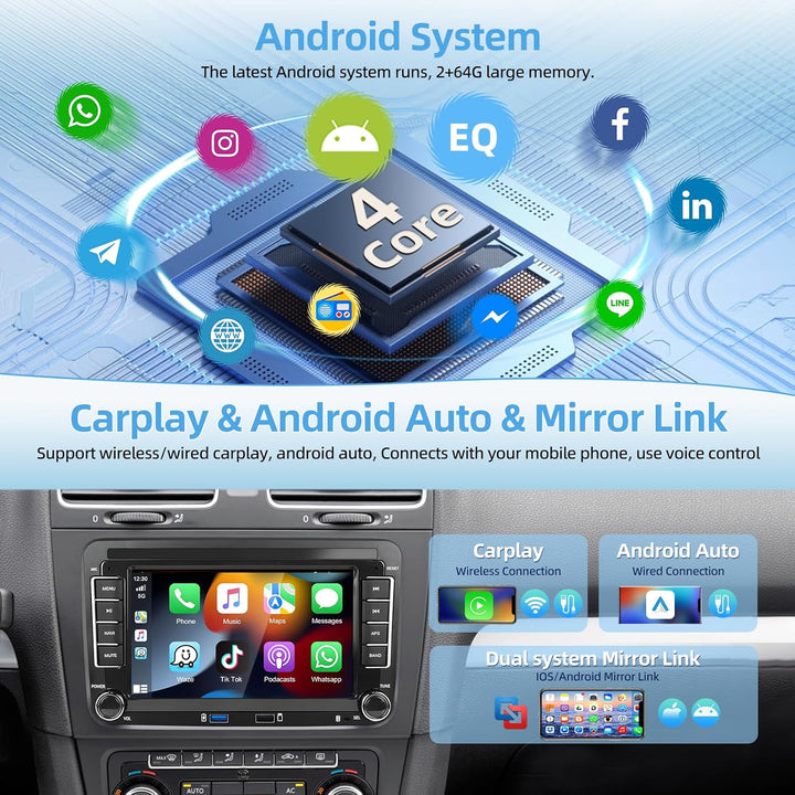 Motordi Andorid Autoradio für VW Golf 5 6 Seat Skoda Passat Polo, 2+64G Wireless Android Auto CarPla
