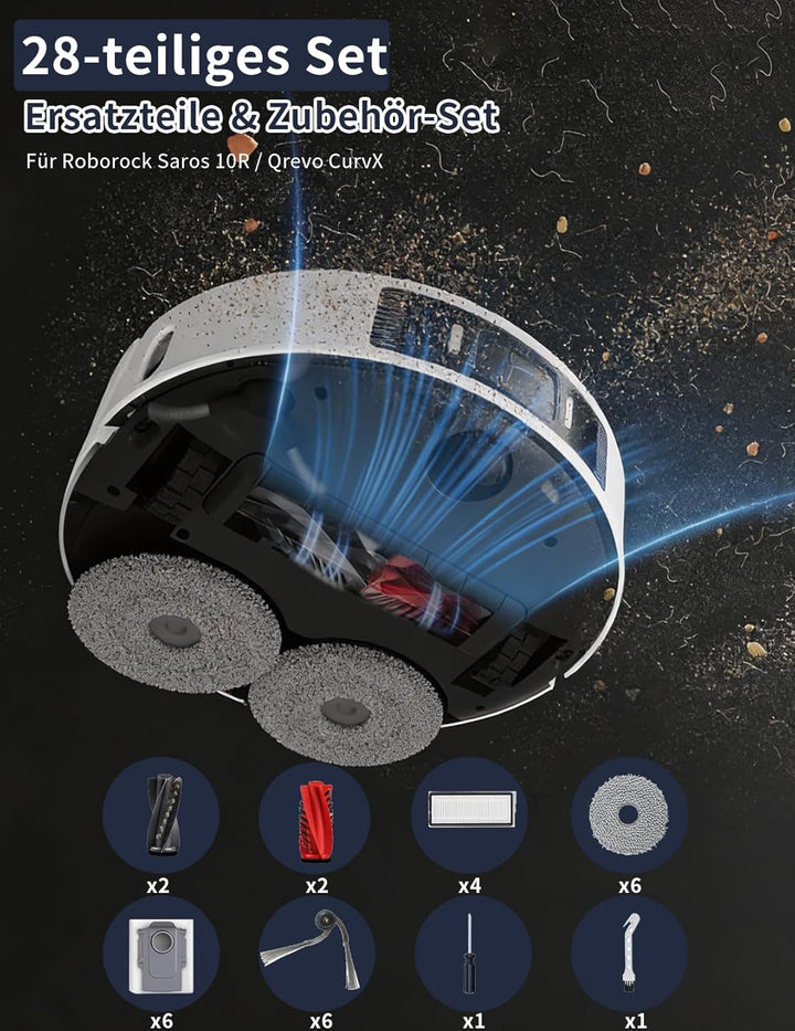 28 Stück Zubehör für Roborock Saros 10R / Qrevo CurvX，mit 4 Hauptbürsten, 6 Feuchttücher, 4 HEPA-Fil