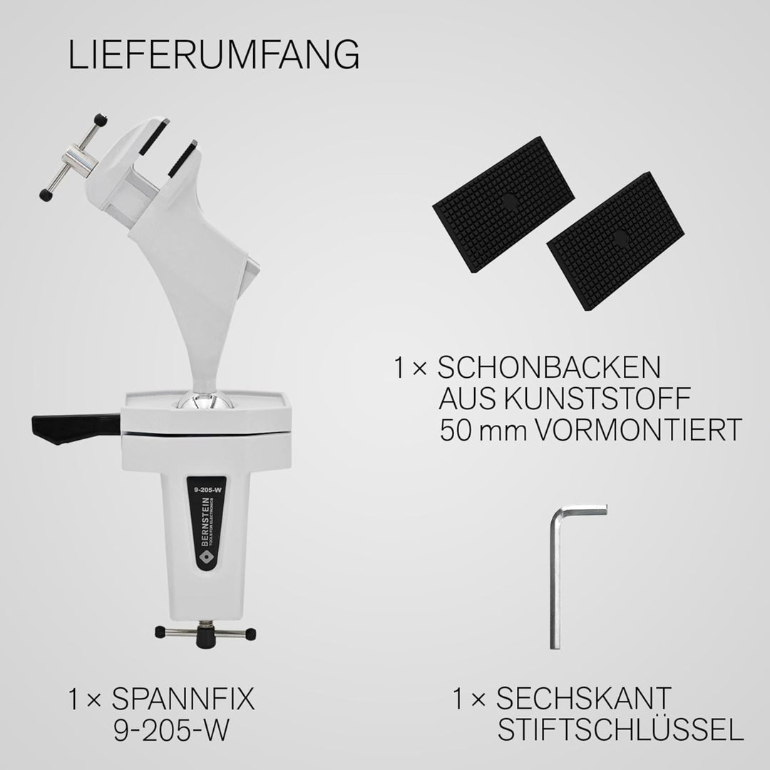 BERNSTEIN Spannfix Kugelgelenk-Schraubstock Drehbar 360° + 45° Neigbar | Weiss | Zum Anklemmen an di