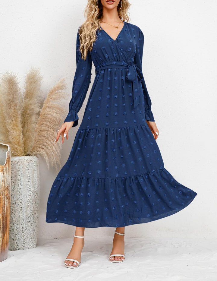 QUNERY Kleid Langarm Damen V Ausschnitt Tunika Kleid Elegant Swiss Dot Freizeitkleider Herbst Winter