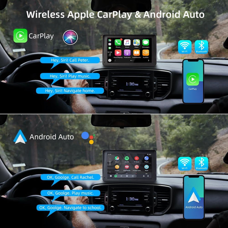 7 Zoll Kabellose Autoradio, Tragbares Einbaufreies Autoradio mit Wireless Apple CarPlay & Android Au