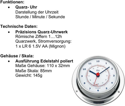 Barigo Kabinenaustattung Sky Schiffsuhr Edelstahl poliert 110mm