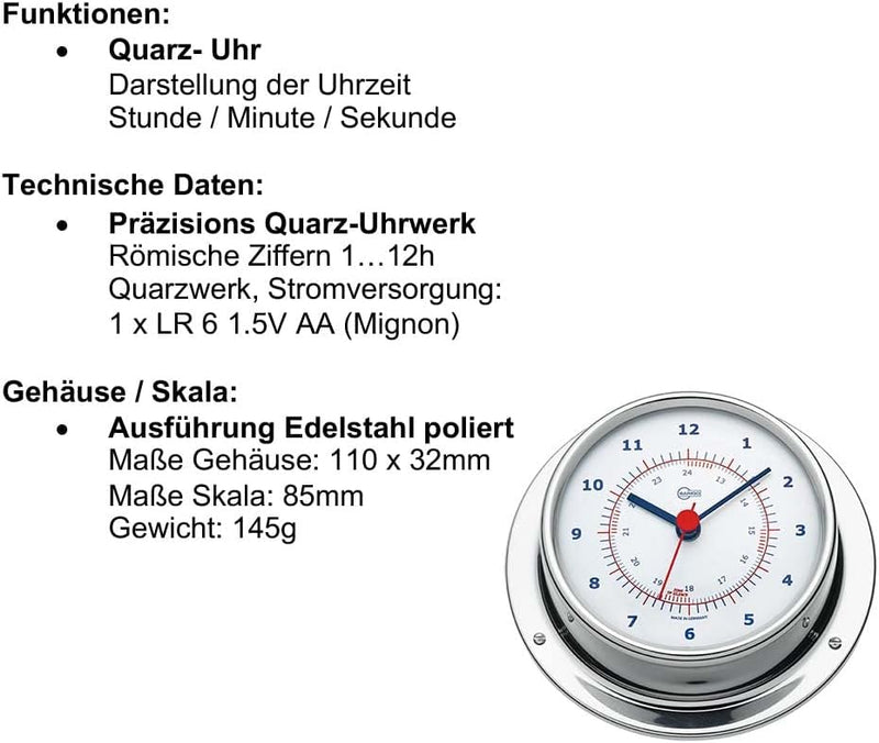 Barigo Kabinenaustattung Sky Schiffsuhr Edelstahl poliert 110mm