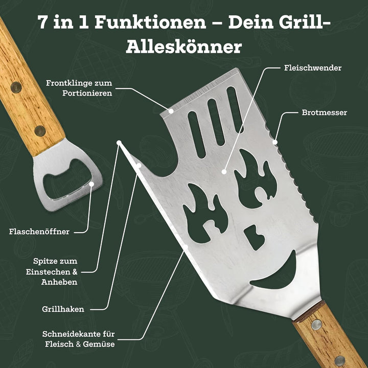 BBQ Hub Grillspachtel/Grillspatel Set 7-in-1 aus Edelstahl mit Holzgriff inkl. Grillzange – multifun