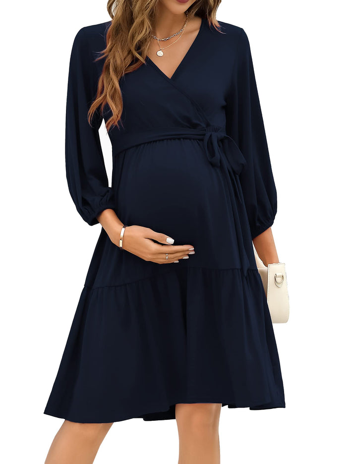 KOJOOIN Damen Umstandskleid V-Ausschnitt 3/4 Ärmel Stillkleid Rüschen Schwangerschafts Kleider mit G