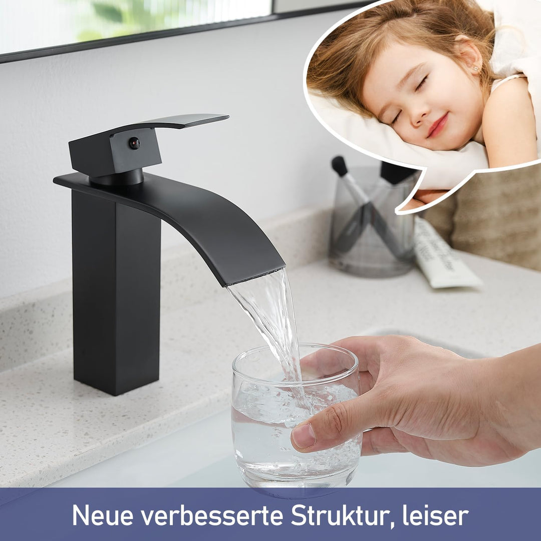 GENBONS Wasserhahn Bad Schwarz, Wasserfall Waschtischarmatur für Badezimmer, Mischbatterie Waschbeck