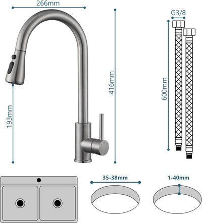 Ulytid Wasserhahn Küche Ausziehbar, Hochdruck Küchenarmatur mit Brause Ausziehbar 3 Modus, Mischbatt