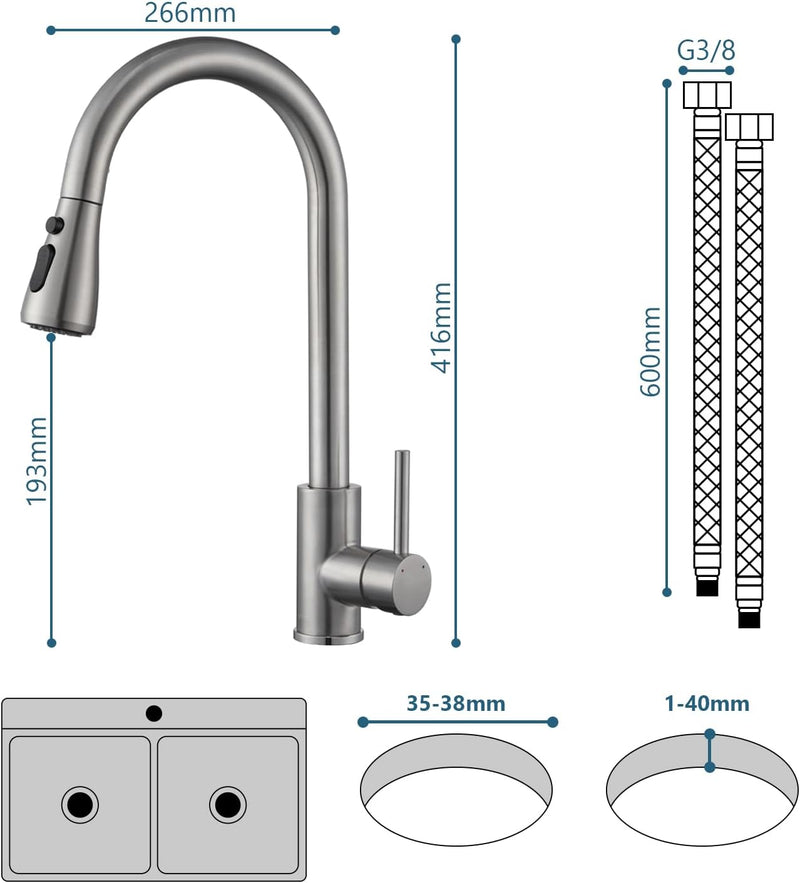 Ulytid Wasserhahn Küche Ausziehbar, Hochdruck Küchenarmatur mit Brause Ausziehbar 3 Modus, Mischbatt