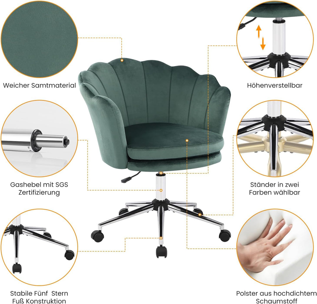 Bosmiller Schminktisch Stuhl aus Samt，Schreibtischstuhl mit Doppelter Polsterung，Bürostuhl Ergonomis