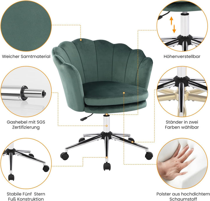 Bosmiller Schminktisch Stuhl aus Samt，Schreibtischstuhl mit Doppelter Polsterung，Bürostuhl Ergonomis