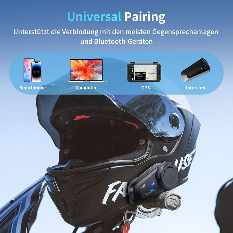 Fodsports FX6 Motorrad Bluetooth Headset, Intercom Motorrad kommunikationssystem bis zu 6 Motorräder