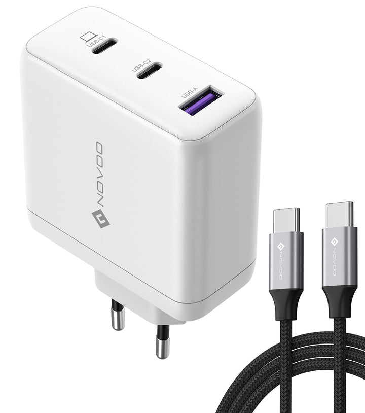 NOVOO 120W USB C Ladegerät GaN 3-Port Schnellladegerät mit 100W USB C Kabel PD Mehrfach Netzteil für