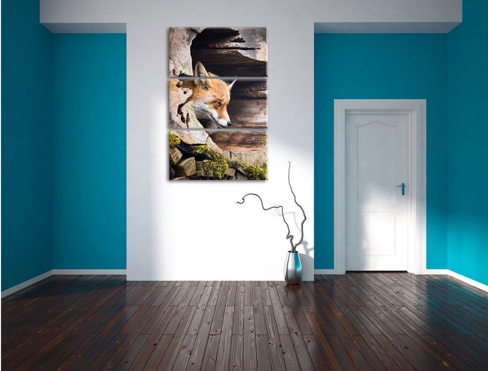 Pixxprint Fuchs im Baumstamm als Leinwandbild/Grösse: 3 Teilig (120x80) cm/Wandbild/Kunstdruck/ferti