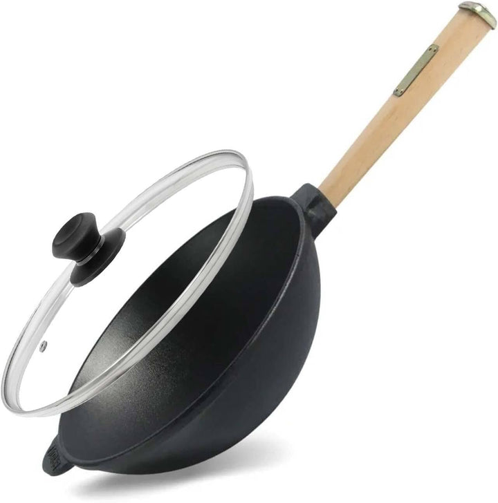 Wok Bratpfanne Ø26 cm 2,8 L aus Gusseisen mit Holzgriff Glasdeckel Asia Wokpfanne Induktion Pfanne 2