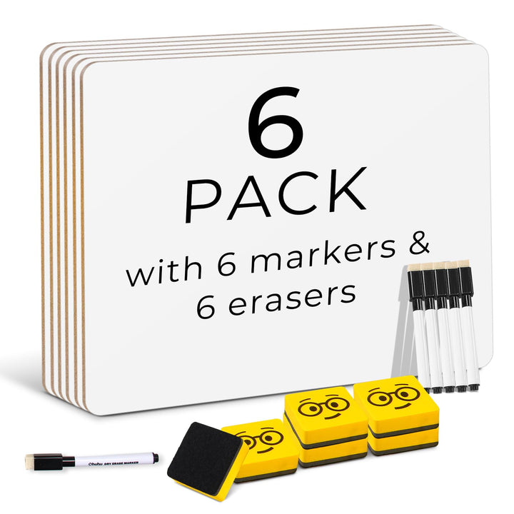Ohuhu 6 Stück Whiteboard Klein A4, Doppelseitige Mini Whiteboard mit 6 Stiften und 6 Radiergummis, T