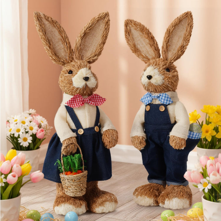 com-four® 2X Stroh Osterhase handgemacht - Deko-Osterhase zur Osterdekoration - Strohfiguren für Ost