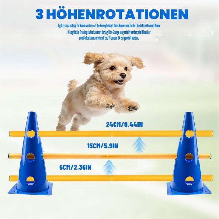 Steckhürden Set für Agility Training, 5 Stück Hindernisse mit 10 Kegel 23cm Höhe und 5 Stangen 80cm