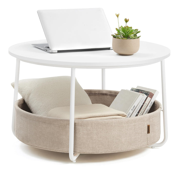 VASAGLE Couchtisch rund, Tisch mit Stauraum, Beistelltisch, Wohnzimmertisch mit Korb aus Stoff, mode