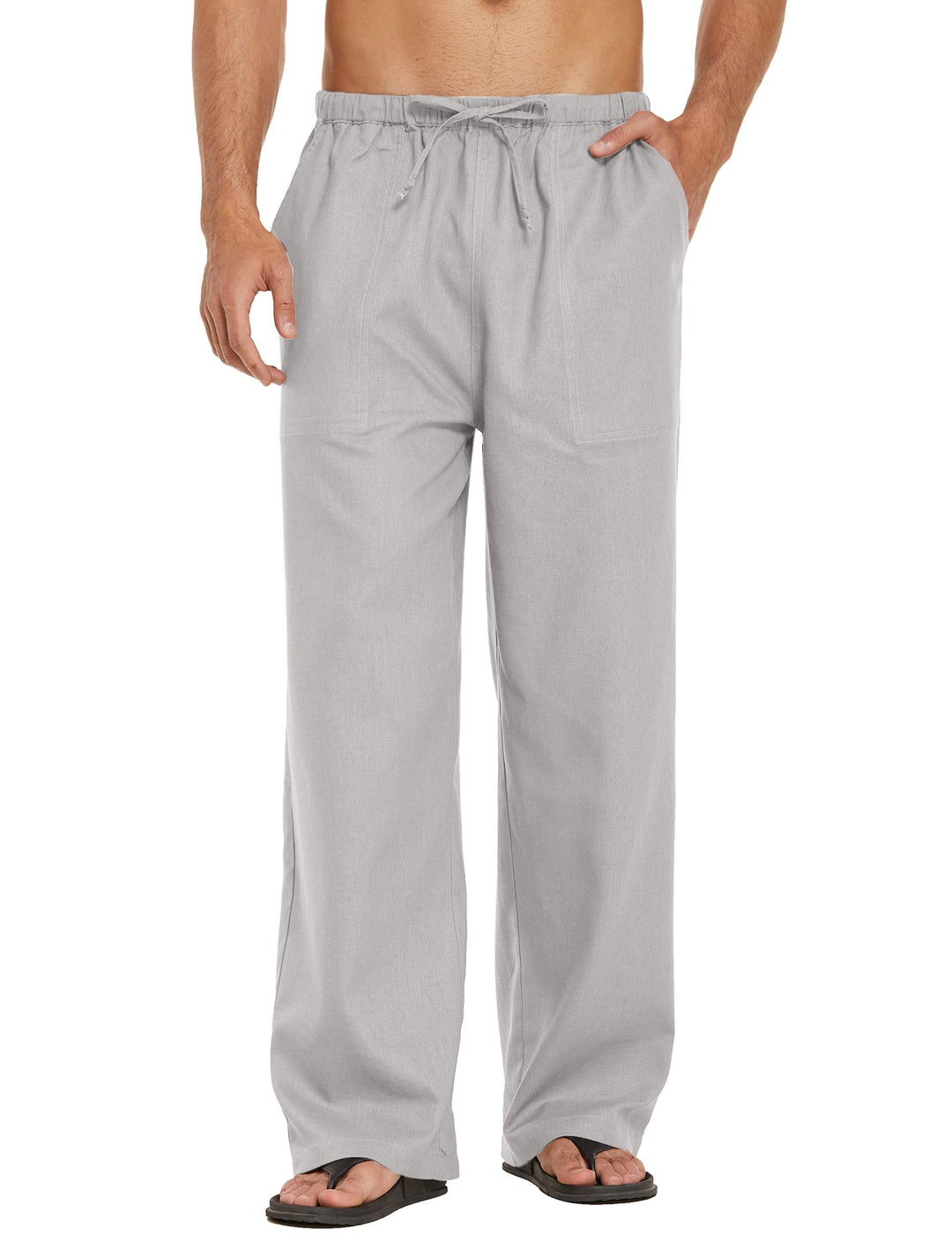 COOFANDY Herren Leinenhose mit Kordelzug Leicht Sommerhose Freizeithose Strandhose mit Tasche Grau M