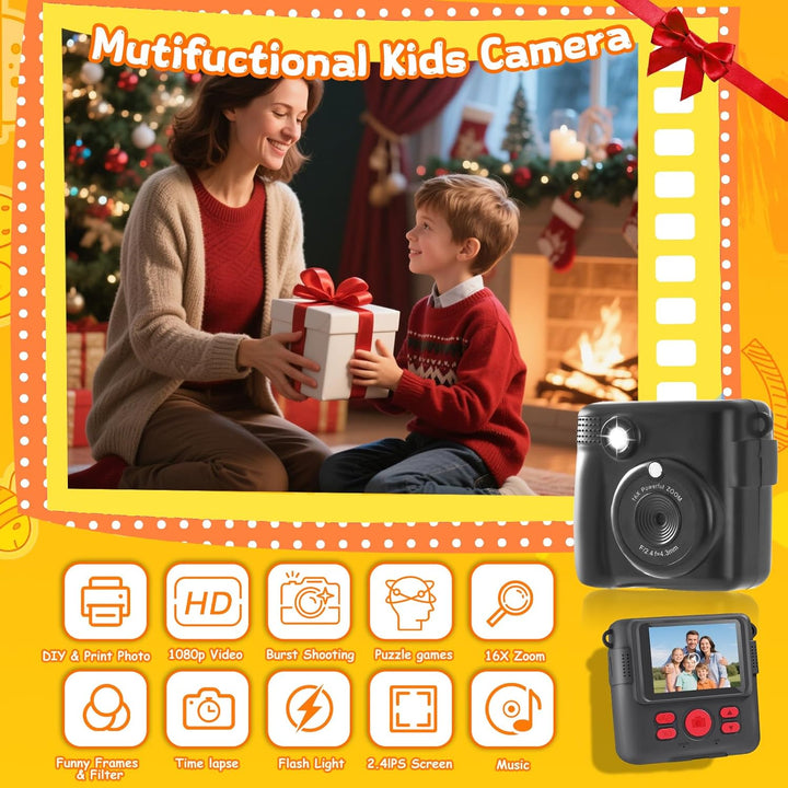 Kinderkamera Sofortbildkamera, 1080P HD Digitalkamera Kinder mit 2,4 Zoll 32G Karte und Fotopapier D