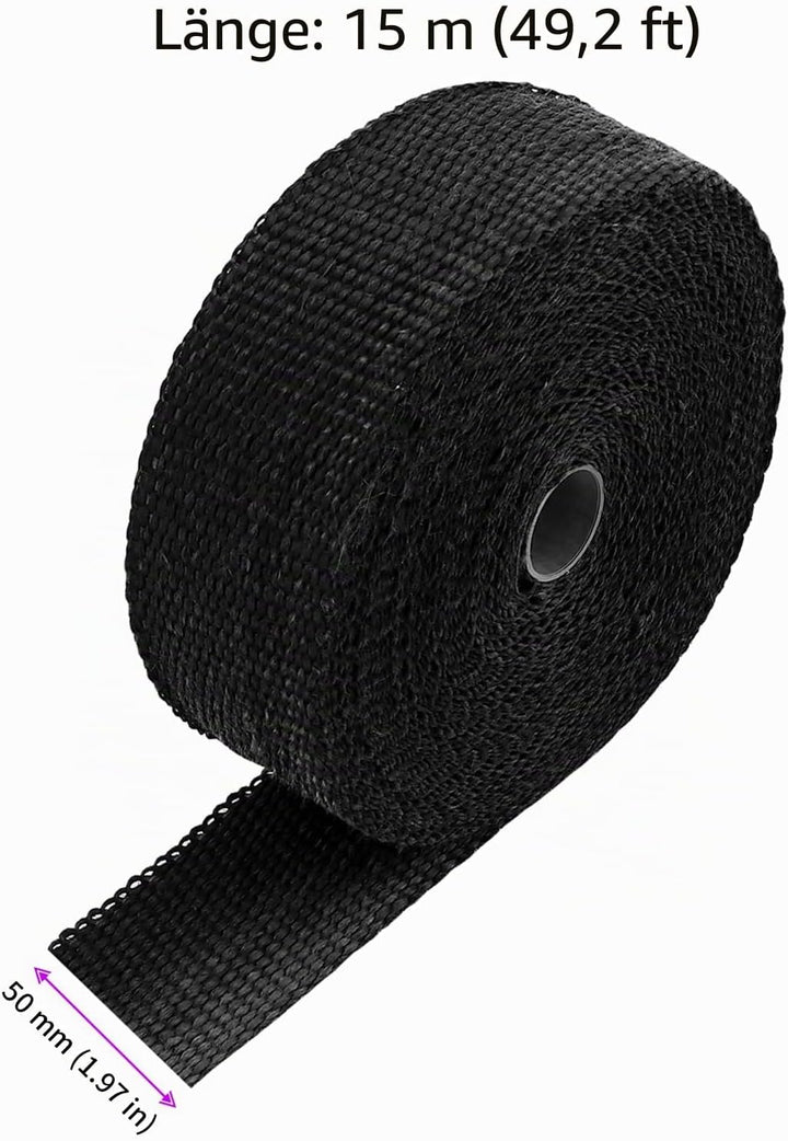 2 Stück Hitzeschutzband Schwarz 15m x 50mm, Basaltfaser Auspuff Hitzeschutzband Motorrad mit 20 Edel