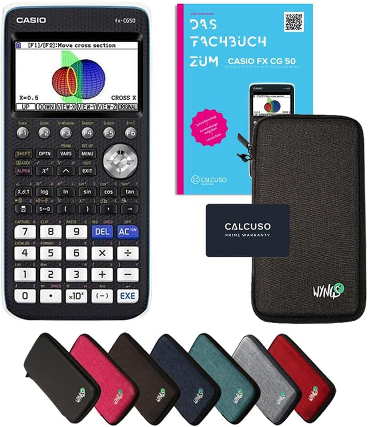 CALCUSO Standardpaket: Casio FX CG 50 + WYNGS Schutztasche dunkelgrau + CALCUSO Fachbuch + Erweitert